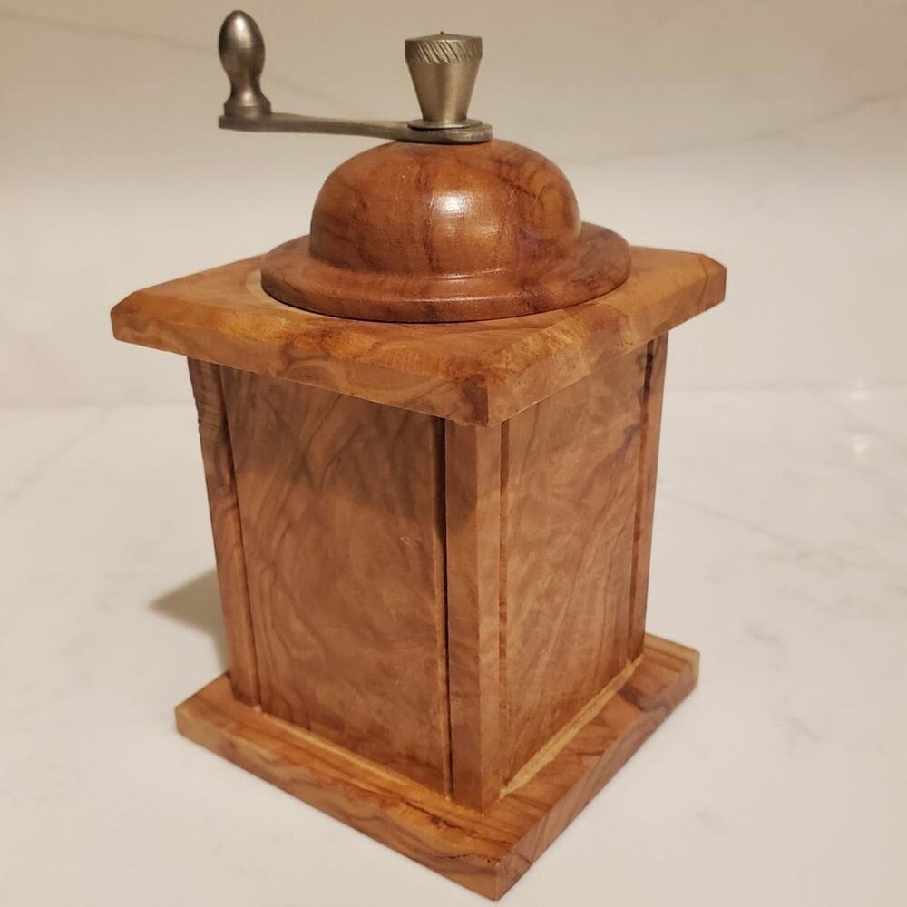 RARE NEW Vtg Olive Wood Coffee Grinder Antique Style Handmade Wooden Coffee Mill